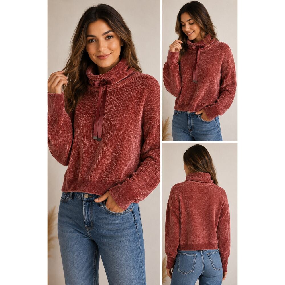 prAna Chenille Turtleneck Sweater Dusty Rose Drawstring Neck Size Small